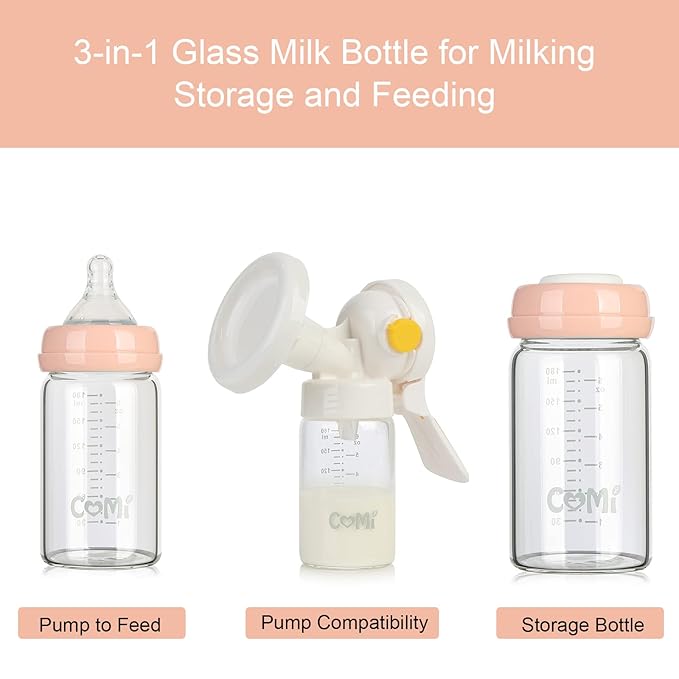 COMI Wide Neck Glass Breastmilk Collection n Storage Bottle, 4 Packs, 6oz with Screw Ring Sealing Disk; Re-markable Sealing Disc. BPA Free, Fits Breast Pumps & Nipples (4 Pink Lids)-CubbioJoy