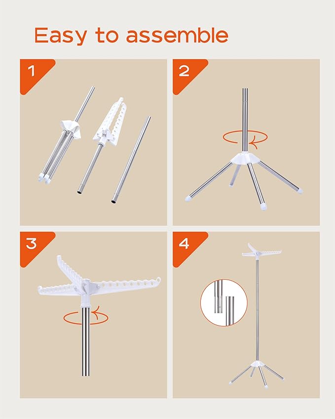 Clothes Drying Rack Foldable, 59 inch Tripod Laundry Drying Rack Indoor with Rotating Clothes Rail for 27 Pieces of Clothes, Space Saving, Stainless Steel, White and Silver CDR001W01-CubbioJoy