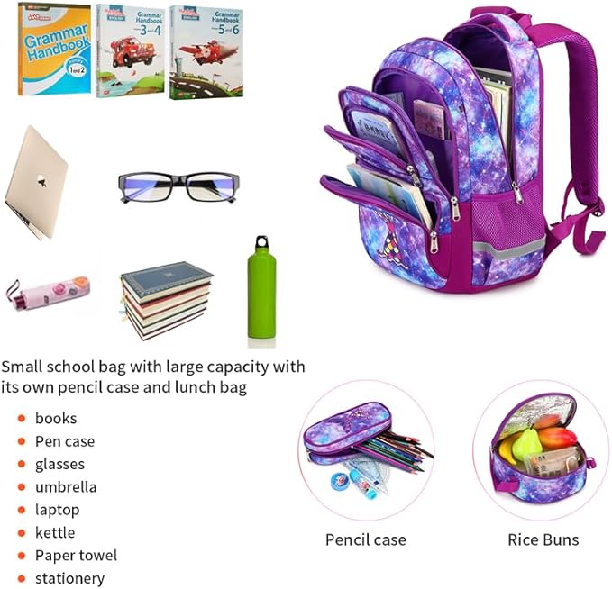 Cusangel Purple Mermaid 3pcs Set with Lunch Box Pencil Case,Multi Compartment Backpack, Dinosaur Backpack Chest Strap Side Pockets 16 Inch-CubbioJoy