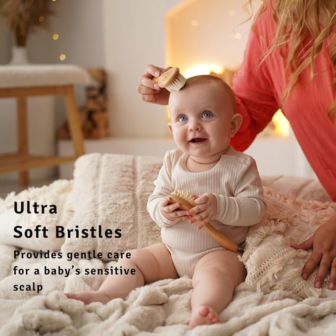 Baby Hair Brush Set for Newborns & Toddlers - Baby Brush and Comb Set - Ultra Soft Goat Hair Bristles, Perfect for Cradle Cap, Newborn Showers & Registries Gift, Comb Brush for Girls & Boys-CubbioJoy