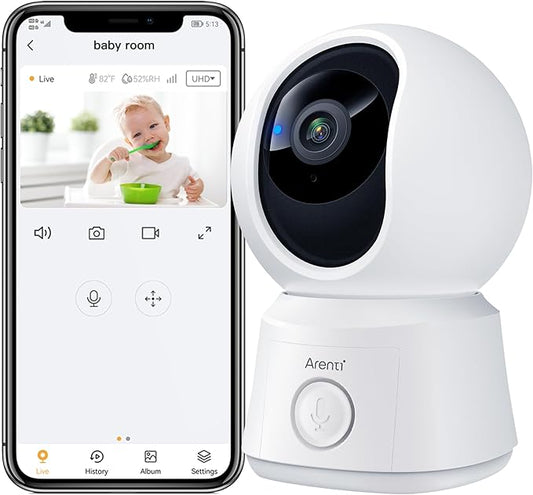 ARENTI B2, 360° View Baby Camera for Pet/Nanny, 2.4g WiFi Only, Temperature Sensor, Sound & Motion Detection, 2 Way Audio, Night Vision, Works Screen2-No Light-CubbioJoy