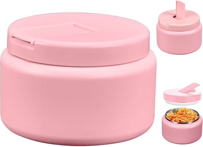 13.5oz Kids Thermos for Hot Food, Insulated Vacuum Food Jar with Buckle Lid, Stainless Steel Wide Mouth Leak Proof Insulated Lunch Container for School Picnic Travel,Pink-CubbioJoy