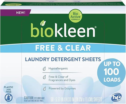 Biokleen Laundry Detergent Sheets - Dye & Fragrance Free, Hypoallergenic, Enzymatic Cleaner, Stain Remover, Bio Active Formula, No Plastic Jug, Unscented, 100 Loads-CubbioJoy