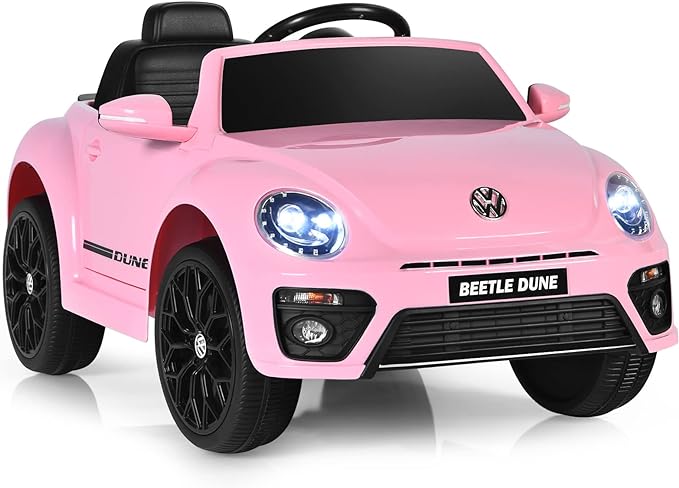 Costzon Ride on Car, 12V Licensed Volkswagen Beetle Battery Powered Vehicle w/Remote Control, Spring Suspension, Lights, USB, Horn, Music, 4 Wheeler for Boy Girl Gift, Electric Car for Kids, Pink-CubbioJoy