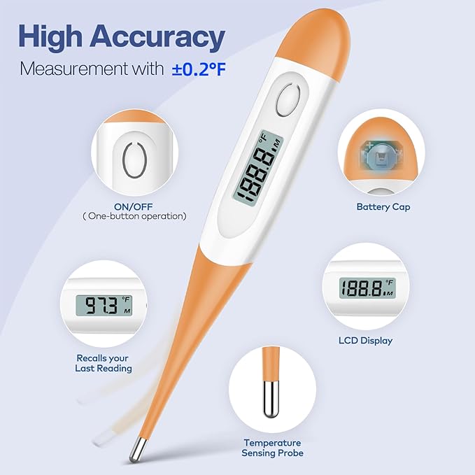 Boncare 10 Seconds Digital Thermometer for Adults and Kids - Accurate & Safe Rectal Thermometer for Baby with Fever Alarm, Oral Thermometer FSA HSA Eligible (Orange)-CubbioJoy