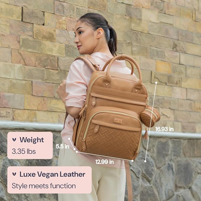 BabbleRoo Leather Diaper Bag Backpack - Baby Essentials Travel Baby Bag, Multi function, Waterproof, with Changing Pad, Stroller Straps & Pacifier Case – Unisex, Light Brown-CubbioJoy