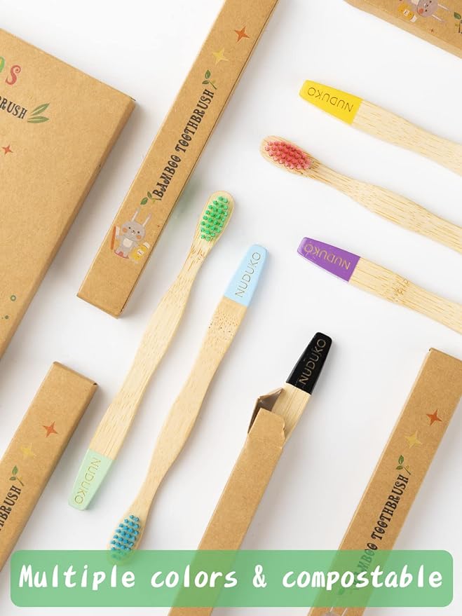 Bamboo Kids Toothbrushes (6 Pack) - Soft Bristle Organic Compostable BPA Free Toothbrush for Kids Toddler Baby Tooth Brush, Eco Friendly Natural Biodegradable Wooden Toothbrush-CubbioJoy