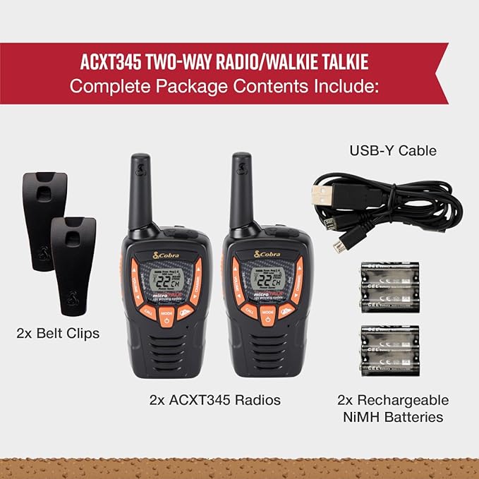 Cobra ACXT345 Weather-Resistant Walkie Talkies - Rechargeable, 22 Channels, Long Range 25-Mile Two-Way Radio Set (2-Pack)-CubbioJoy