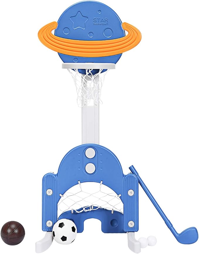 Costzon Kids Basketball Hoop, Toddler Sports Activity Center w/ 5 Adjustable Height Levels, Basketball Soccer Golf Game Set, Indoor Outdoor Basketball Hoop Set Gift for Baby Infant-CubbioJoy
