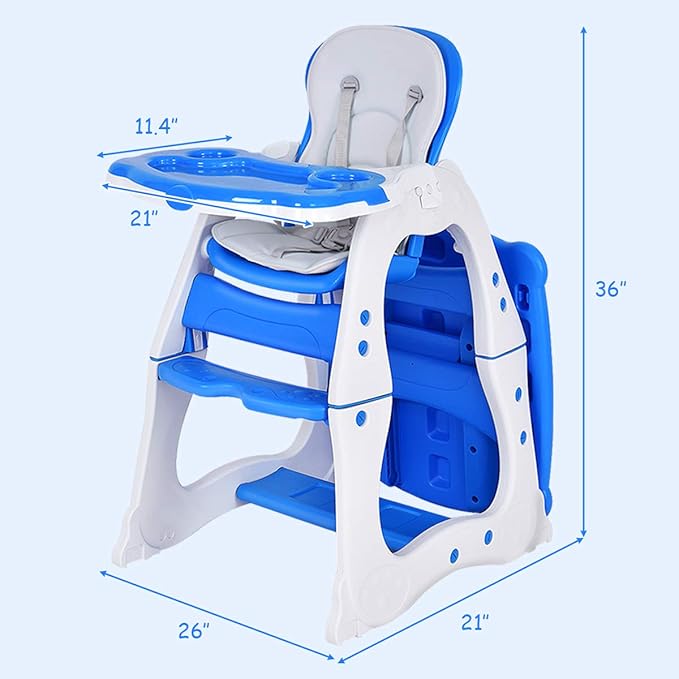 Costzon Baby High Chair, 3 in 1 Infant Table and Chair Set, Convertible Booster Seat with 3-Position Adjustable Feeding Tray, Adjustable Seat Back, 5-Point Harness (Blue)-CubbioJoy