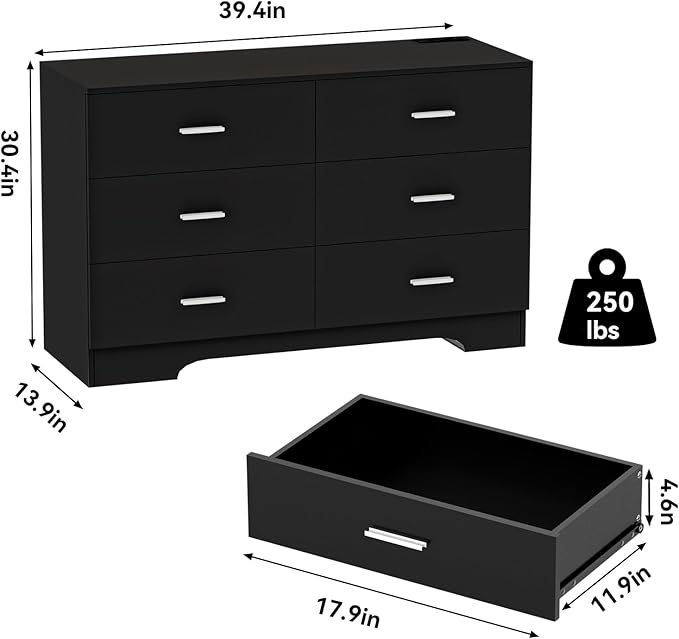 Dresser with Power Outlets Wooden 6 Drawer Dresser with USB and Type C Port Chest of Drawers for Bedroom Tall Black Organizer Storage for Living Room Hallway Closet-CubbioJoy