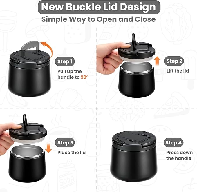 14oz Insulated Vacuum Food Jar with Buckle Lid,Soup Thermo for Hot Food Kids,Wide Mouth Leakproof Stainless Steel Lunch Container with Spoon-Black-CubbioJoy