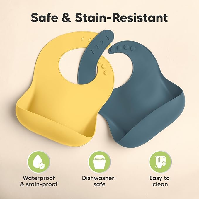 KeaBabies 2-Pack Silicone Baby Bibs for Eating - Sturdy Food-Grade Silicone Bibs for Babies Girl, Boy, Large Food Catcher, Clean & Put On Easily, Waterproof Toddler Feeding Essentials (Valiant)-CubbioJoy