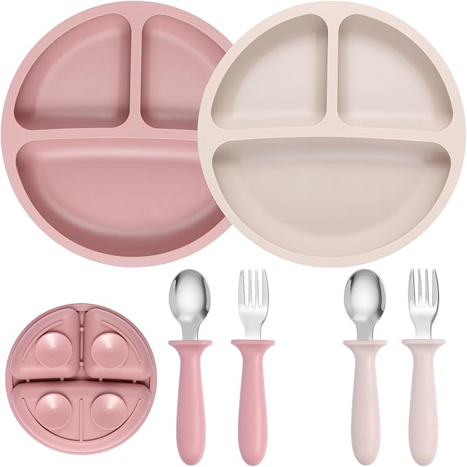 2 Pack Silicone Divided Baby Plates with Suction, 2 Pack Toddler Forks and Spoons Set, BPA Free, Baby Feeding Set for Toddler Utensils, Microwave and Dishwasher Safe-CubbioJoy