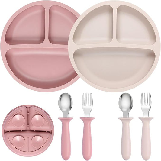 2 Pack Silicone Divided Baby Plates with Suction, 2 Pack Toddler Forks and Spoons Set, BPA Free, Baby Feeding Set for Toddler Utensils, Microwave and Dishwasher Safe-CubbioJoy