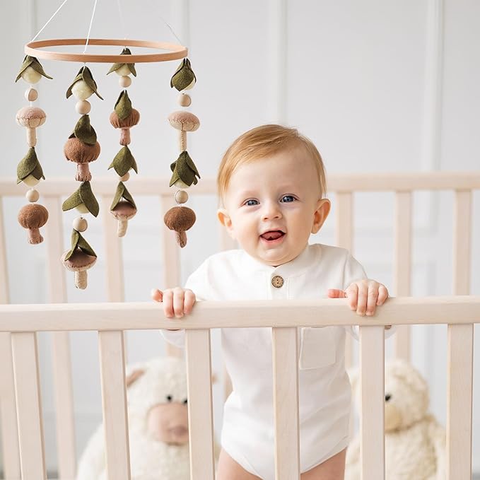 Baby Mobile for Crib,Crib Mobile for Boys Girls, Soft Crib Toys Hanging，Baby Mobile for Bassinet，Boho Nursery Decor Neutral（Mushroom，Leaves,Cotton）-CubbioJoy