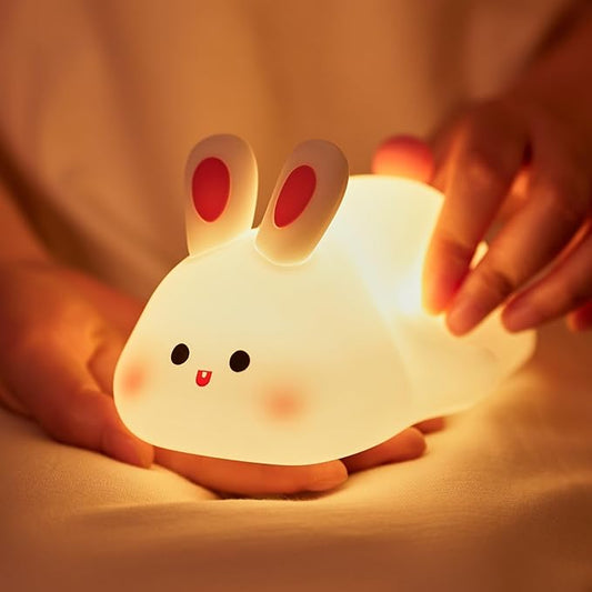 Big Face Rabbit Night Light, Adorable LED Bunny Night Lamp, Silicone Dimmable Nursery Nightlight for Girls, Silicone Rechargeable Bedside Touch Night Lights for Easter Decor-CubbioJoy