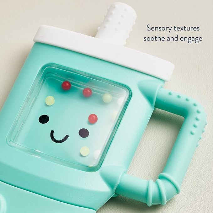 Itzy Ritzy Silicone Rattle Teether– BPA-Free Silicone Teether with Rattle for Babies & Toddlers – Features a Gentle Rattle Sound, Colorful Beads & Multiple Textures (Travel Cup)-CubbioJoy