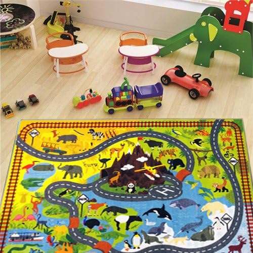 KC Cubs 5x7 Animal Safari Toy Car Road Rug – Educational Play Mat Carpet for Kids, Toddlers, Nursery, Classroom, Playroom, Baby Daycare, Boys & Girls-CubbioJoy