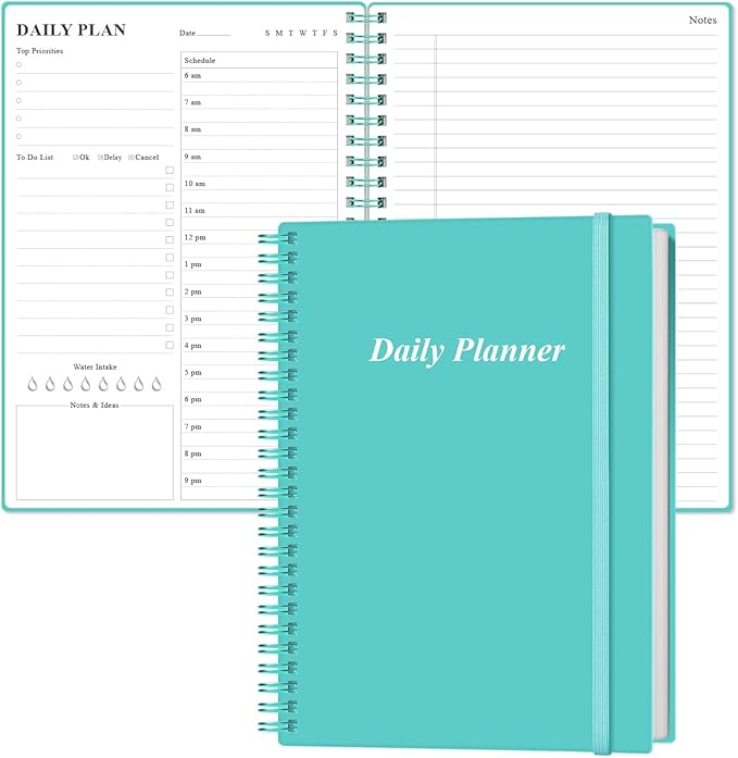 Daily Planner Undated - B5 To Do List Notebook Hourly Schedules, Spiral Appointment Planner for Women and Men, PVC Hardcover, Inner Pocket, Elastic Closure, 7" x 10", Teal-CubbioJoy