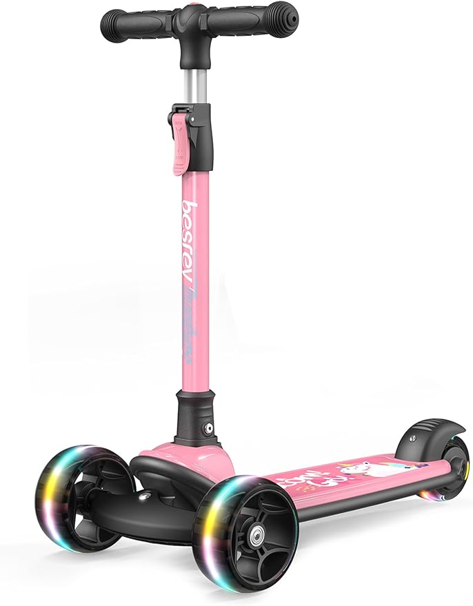 Besrey Kick Scooter for Kids Ages 3-10, 3-Wheel Folding Scooter with Adjustable Height, LED Light Wheels, Extra Wide Deck for Outdoor Activities-CubbioJoy