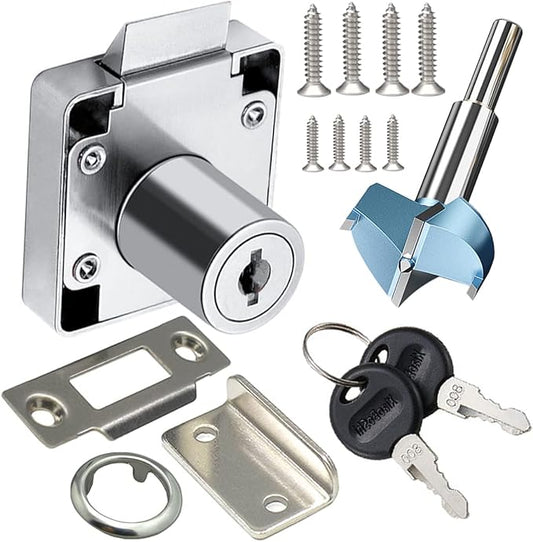 Automatic Lock Tongue Cabinet Drawer Lock & Forstner Drill Bit Furniture Locker Lock Showcase Lock Drilling Diameter 3/4"/19mm for (3/5"-/15mm -7/8"-/22mm) Door Panel-CubbioJoy