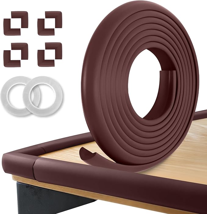 Baby Proofing Corners and Edges Protector Guards (16.5FT Edge +8 Corners), Soft Rubber Foam Edge Protector with Removable Double Sided Tapes, Furniture Table Bumper Guard for Baby Safety-Brown-CubbioJoy