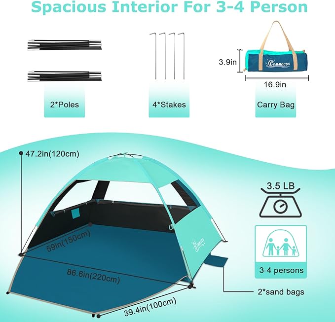 COMMOUDS Beach Tent Sun Shade for 3/4-5/6-7/8-10 Person, UPF 50+ Beach Sun Shelter Canopy Tent, Lightweight, Easy Set Up and Carry-CubbioJoy