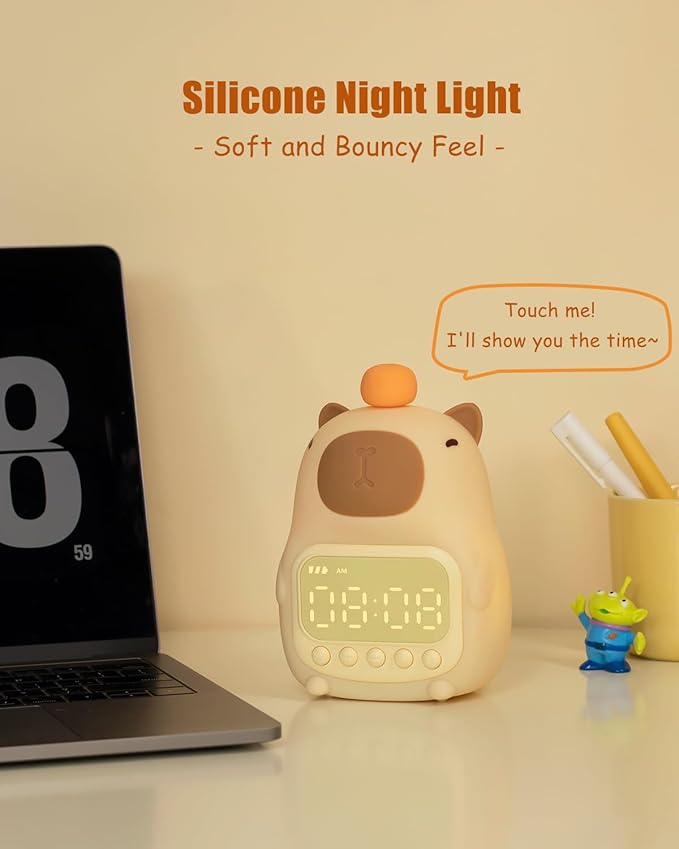 Capybara Alarm Clock with Night Light for Kids, Cute Toddler Alarm Clocks for Bedrooms Ok to Wake Clocks for Girls and Boys, Rechargeable Silicone Animal Tabletop Lamp for Kid-CubbioJoy