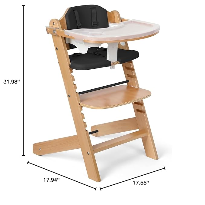 Cowiewie Natural Wooden High Chair for Babies & Toddlers 3-Tier Remove & 2 Adjustable Tray, 8 Adjustable Highchair with Cushions, Easy to Clean (Black)-CubbioJoy
