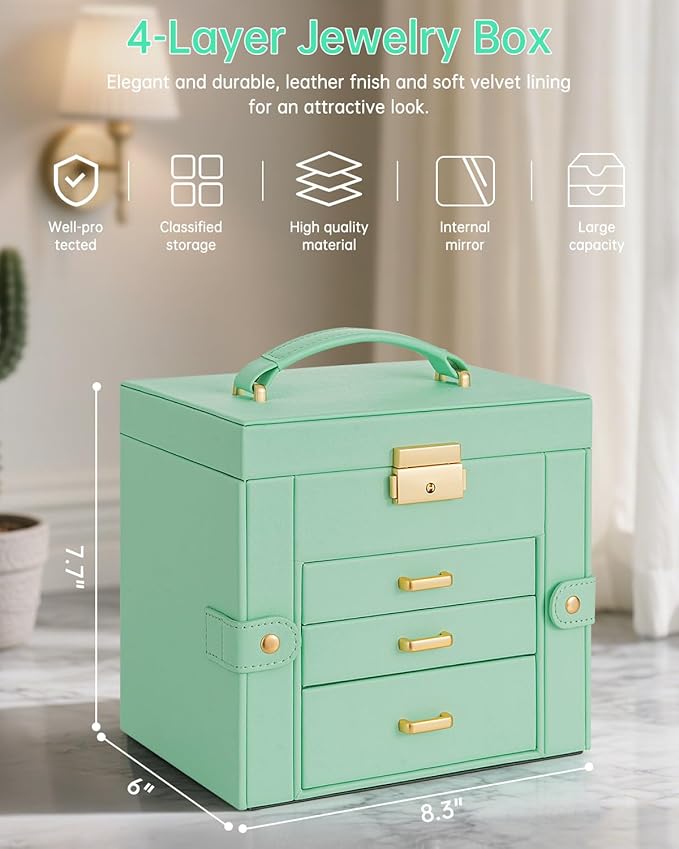 AKOZLIN 4-Tier Jewelry Box Leather Jewelry Storage Organizer with 3 Drawers Lockable for Women Girls Ring Necklace Earring Bracelet Holder with Mirror-CubbioJoy