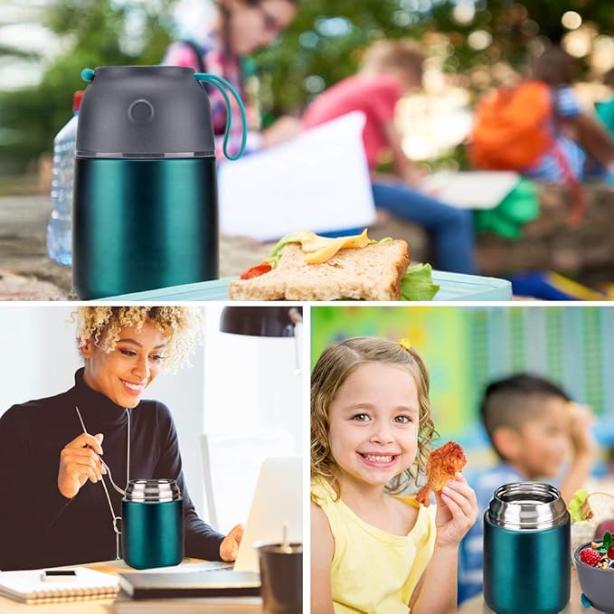 Insulated Thermo Food Jar for Hot & Cold Food for Kids Adult, 17 oz Soup Thermal Hot Food Containers for Lunch, Triple Layer Insulation Stainless Steel Food Jar with Spoon (Green)-CubbioJoy