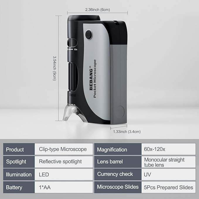 BEBANG Pocket Microscope,60X-120X Handheld Mini Microscope for Kids with LED Lighted Zoom, Portable Microscope Kits with 5 Pcs Slides for Adults Microbiological Observation Preschool Home Study Gifts-CubbioJoy