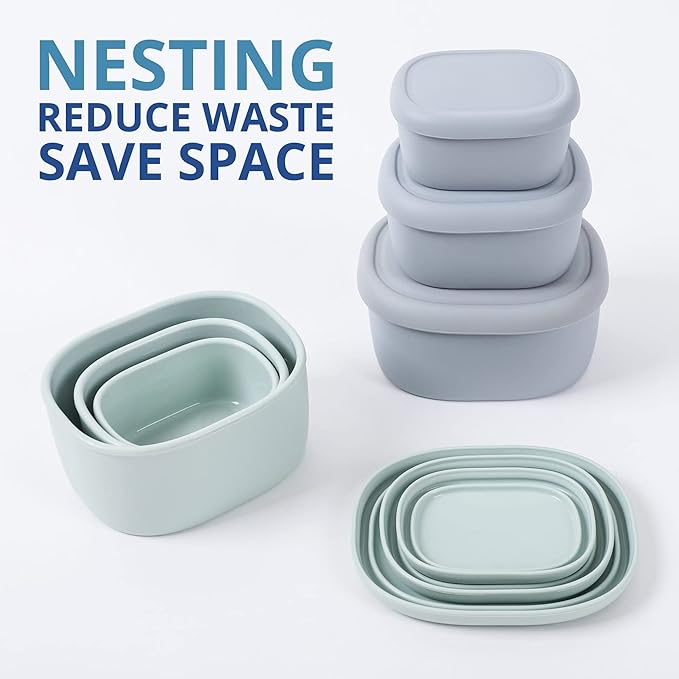 BLUE GINKGO Nesting Silicone Containers - Set of 3 Hard-Shell Silicone Food Storage Containers | BPA Free, Airtight, Dishwasher and Freezer Safe (6.7oz, 10oz, 20oz) - Green-CubbioJoy