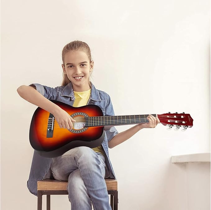ADM Beginner Acoustic Classical Guitar 30 Inch Nylon Strings Wooden Guitar Bundle Kit for Kid Boy Girl Student Youth Guitarra Online Lessons with Gig Bag, Strap, Tuner, Extra String,Pick,Sunbrust 1-CubbioJoy