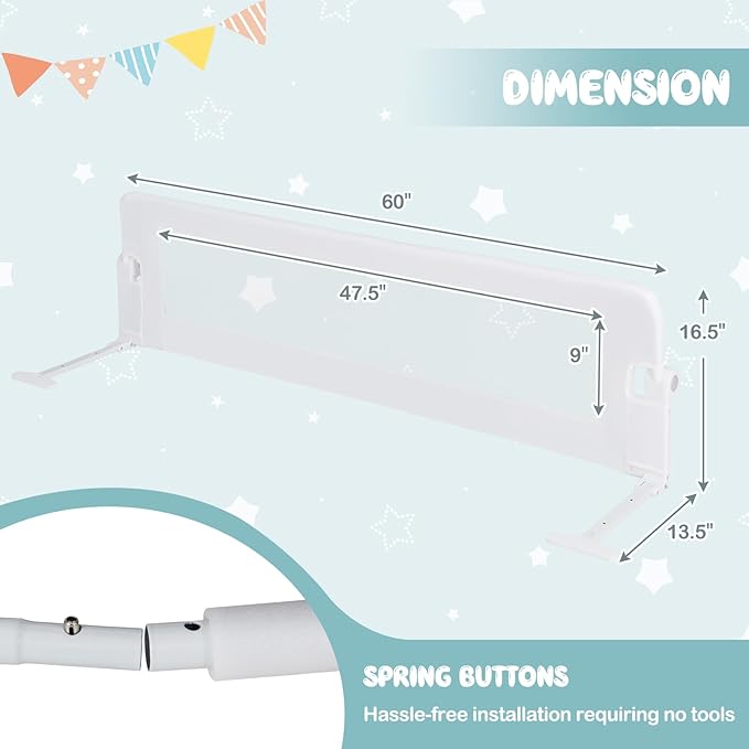 BABY JOY Bed Rails for Toddlers, Extra Long, Swing Down Safety Bed Guard for Convertible Crib, Folding Baby Bedrail for Kids Twin, Double, Full Size Queen & King Mattress (60-Inch, White)-CubbioJoy