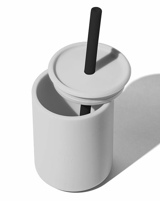 Avanchy Silicone Training Sippy Cup with Straw Lid – For Babies 6+ Months to Toddlers 1 Year Old – 8 oz Infant Water Cup for Baby Led Weaning, Gray-CubbioJoy