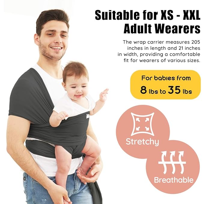 Acrabros Baby Wrap Carrier,Hands Free Baby Carrier Sling,Lightweight,Breathable,Softness,Perfect for Newborn Infants and Babies Shower Gift,Charcoal Grey-CubbioJoy