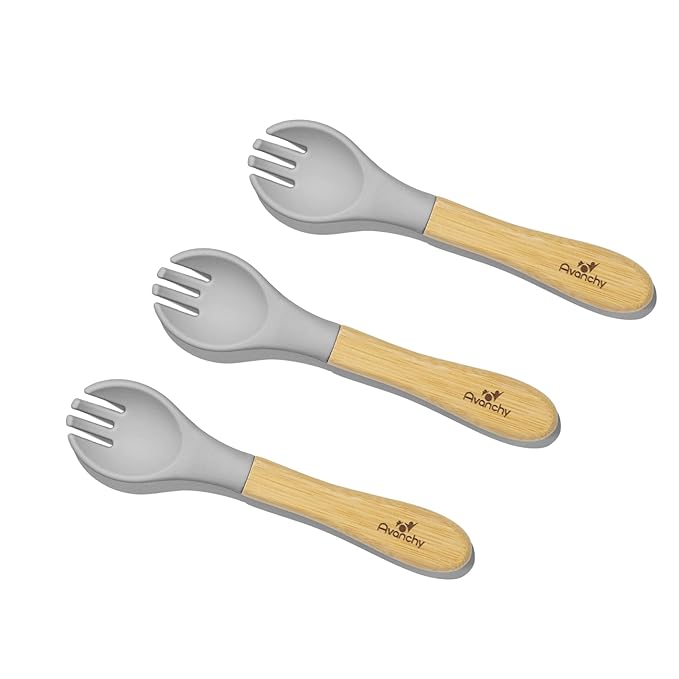 Avanchy Baby Fork Set, Bamboo and Silicone Spork Utensils, Toddler Baby Led Weaning Silverware Cutlery Flatware, Kids First Self Feeding-CubbioJoy