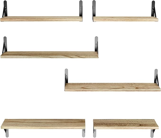 AMADA HOMEFURNISHING Long Wall Shelves, Rustic Farmhouse Style, Wood Floating Shelves for Wall Decor, Bathroom & Bedroom Storage, Living Room Book Shelves, 6pcs-CubbioJoy