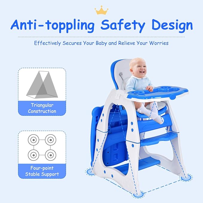 Costzon Baby High Chair, 3 in 1 Infant Table and Chair Set, Convertible Booster Seat with 3-Position Adjustable Feeding Tray, Adjustable Seat Back, 5-Point Harness (Blue)-CubbioJoy