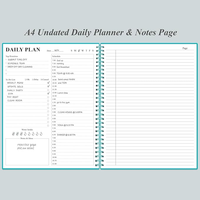 Daily Planner Undated - A4 To Do List Notebook Hourly Schedules, Spiral Appointment Planner for Women and Men,PVC Hardcover, Inner Pocket, Elastic Closure, 8.5" x 11", Teal-CubbioJoy