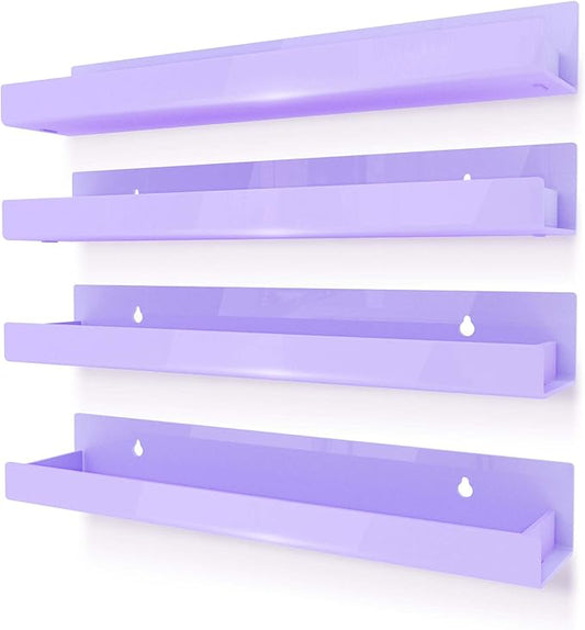 4 Pack 15 Inch Purple Acrylic Shelves, Kids Floating Bookshelf for Kids Room, Modern Nail Polish Rack Sunglasses Essential Oil Picture Ledge Display Toy Storage Wall Shelf-CubbioJoy