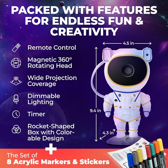 Color My Astronaut Galaxy Projector - DIY Spaceman Night Light with Acrylic Markers Kit & Space Stickers - Paint Your Own Lamp - Arts and Craft for Kids Ages 4-8 - Unique Gift for 5-10 Year Old Boys-CubbioJoy