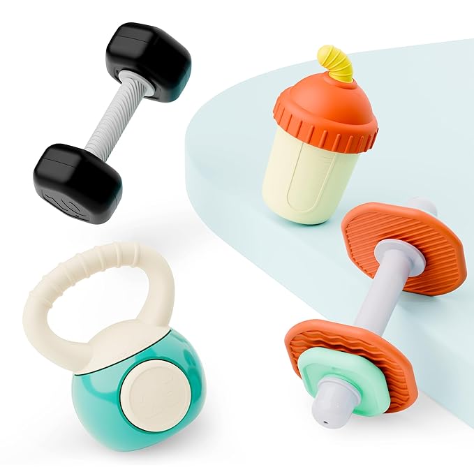 iPlay, iLearn Baby First Gym Rattle Set, Infant Dumbbell Weights Teething Rattles 3-6-12 Month, Newborn Workout Sensory Stroller Toy, Babies Birthday Shower Gift 5 7 8 9 10 Month Toddler Boy Girl-4PCS-CubbioJoy