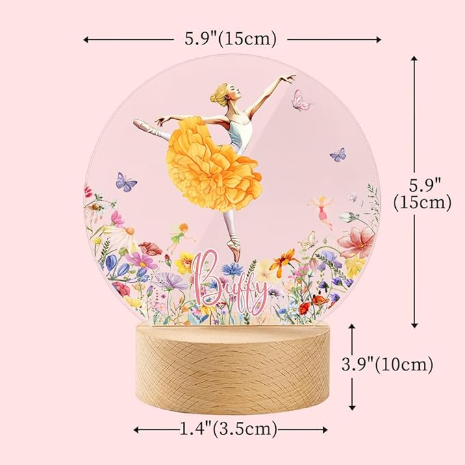 callie Acrylic Night Light Name Plate Personalized, Custom Cute Fox Deer Turtle Forest Animal with Wooden Base Bedroom Decor, Birthday Gifts Kid Gifts for Family (Beautiful Ballet Girl)-CubbioJoy