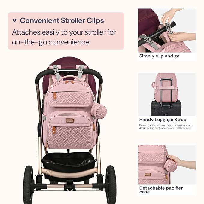 BabbleRoo Diaper Bag Backpack, Travel Backpack with Changing Pad, Pacifier Case & Stroller Straps, Multifunction, Waterproof, Unisex – Pink-CubbioJoy
