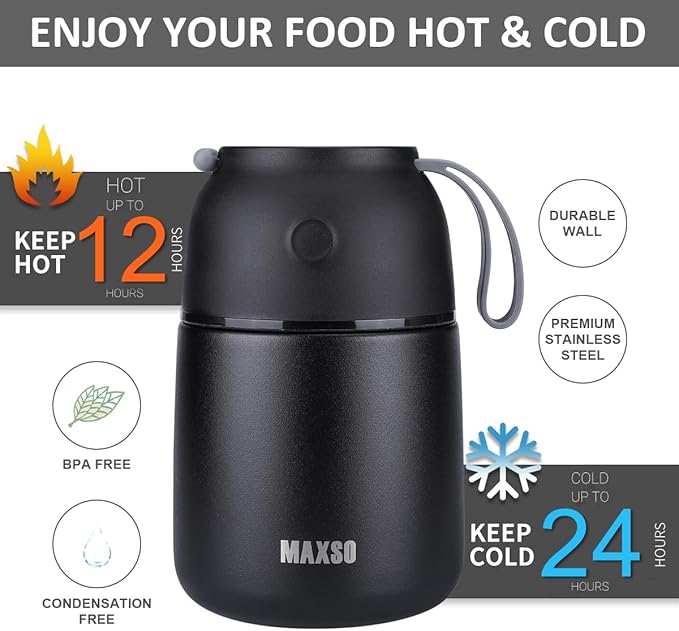 Insulated Thermo Food Jar for Hot & Cold Food for Kids Adult, 17 oz Soup Thermal Hot Food Containers for Lunch, Triple Layer Insulation Stainless Steel Food Jar with Spoon (Black)-CubbioJoy