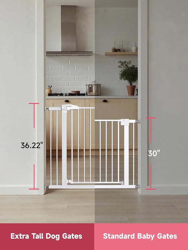 36.2" Extra Tall Baby Gate for Stairs, 29.5-46" Wide Dog Gate for Doorways, Walk Thru Auto Close Metal Child Gate for The House, Stairs and Doorways, Pet Gate Pressure Mounted Dog Gate Indoor (White)-CubbioJoy