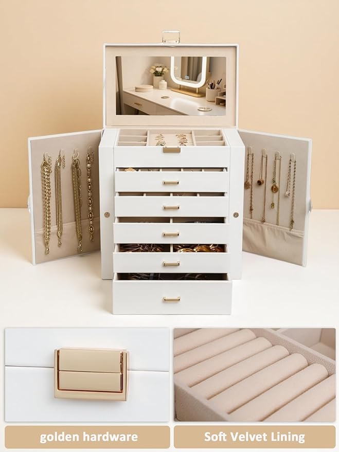 BOOVO Jewelry Box For women, 6 Layer Large Jewelry Organizer With Mirror, Multi-Function Storage Box With Lock, Necklace Holder With 5 Drawers, For Earrings Necklace Bracelet (White and Gold)-CubbioJoy